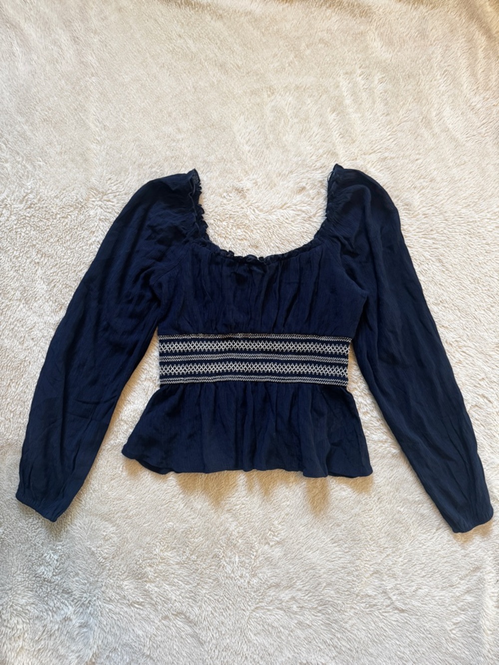Navy Smocked Peplum Long Sleeve Top - Picture 2 of 5